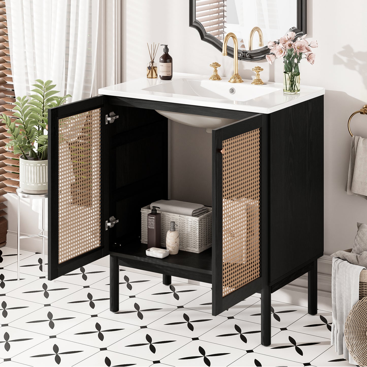 VanityFus 29.84-in Black Bathroom Vanity Single Sink Combo Ceramic Top 2 Soft-Close Doors Adjustable shelve