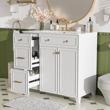 VanityFus 36-in White Bathroom Vanity Single Sink Combo with Ceramic White Top 2 Soft-Close Doors 2 drawer