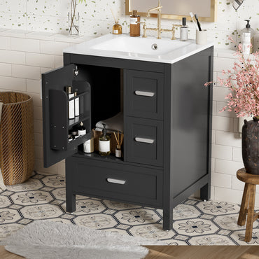 VanityFus Matte Black 24-in Bathroom Vanity Single Sink Combo White Ceramic Top 1 Soft-Close Doors 3 Drawers