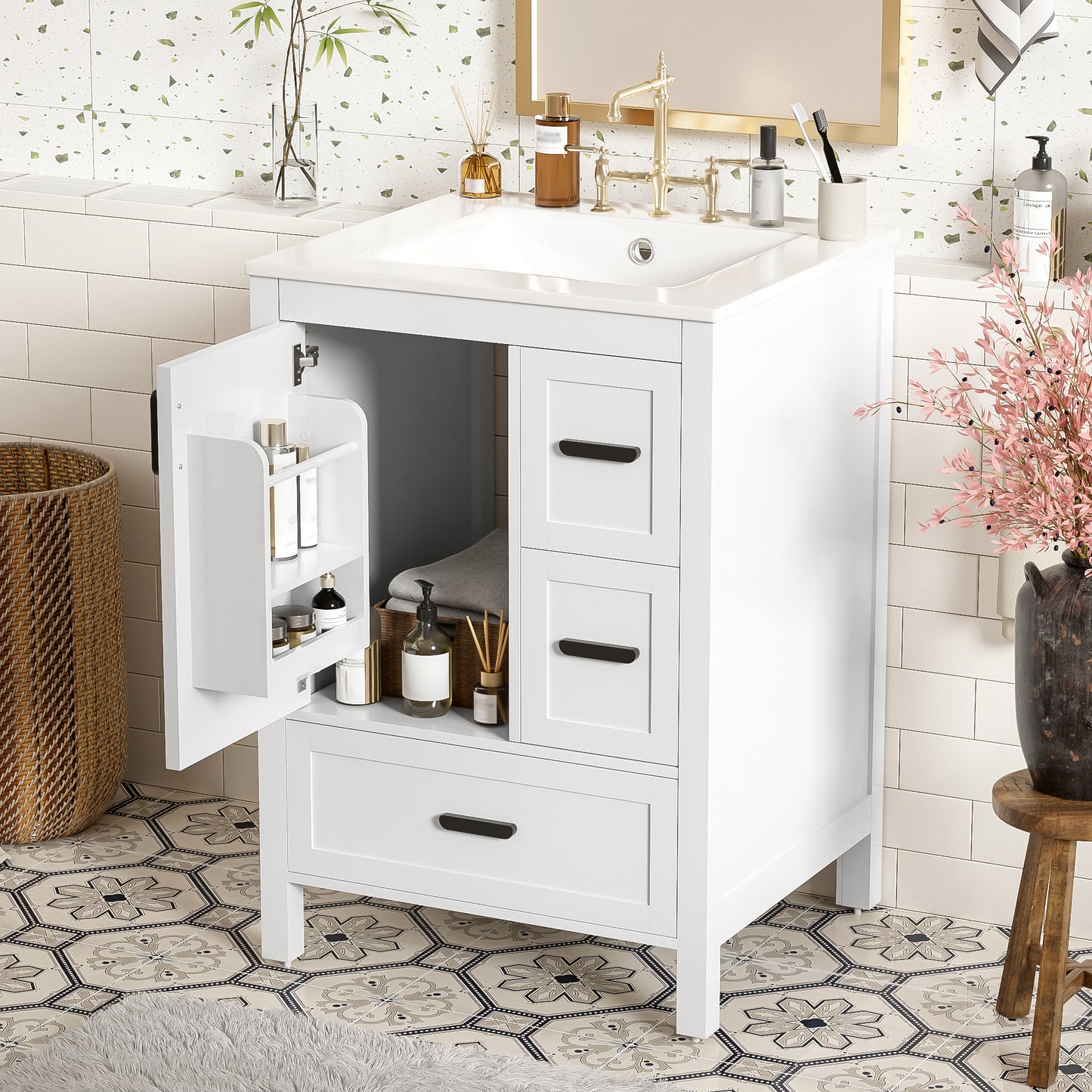 VanityFus White 24-in Bathroom Vanity Single Sink Combo Ceramic Top 1 Soft-Close Doors 3 Drawers