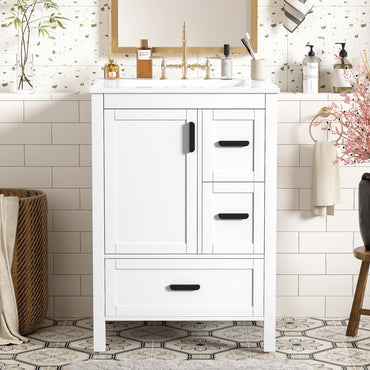VanityFus White 24-in Bathroom Vanity Single Sink Combo Ceramic Top 1 Soft-Close Doors 3 Drawers