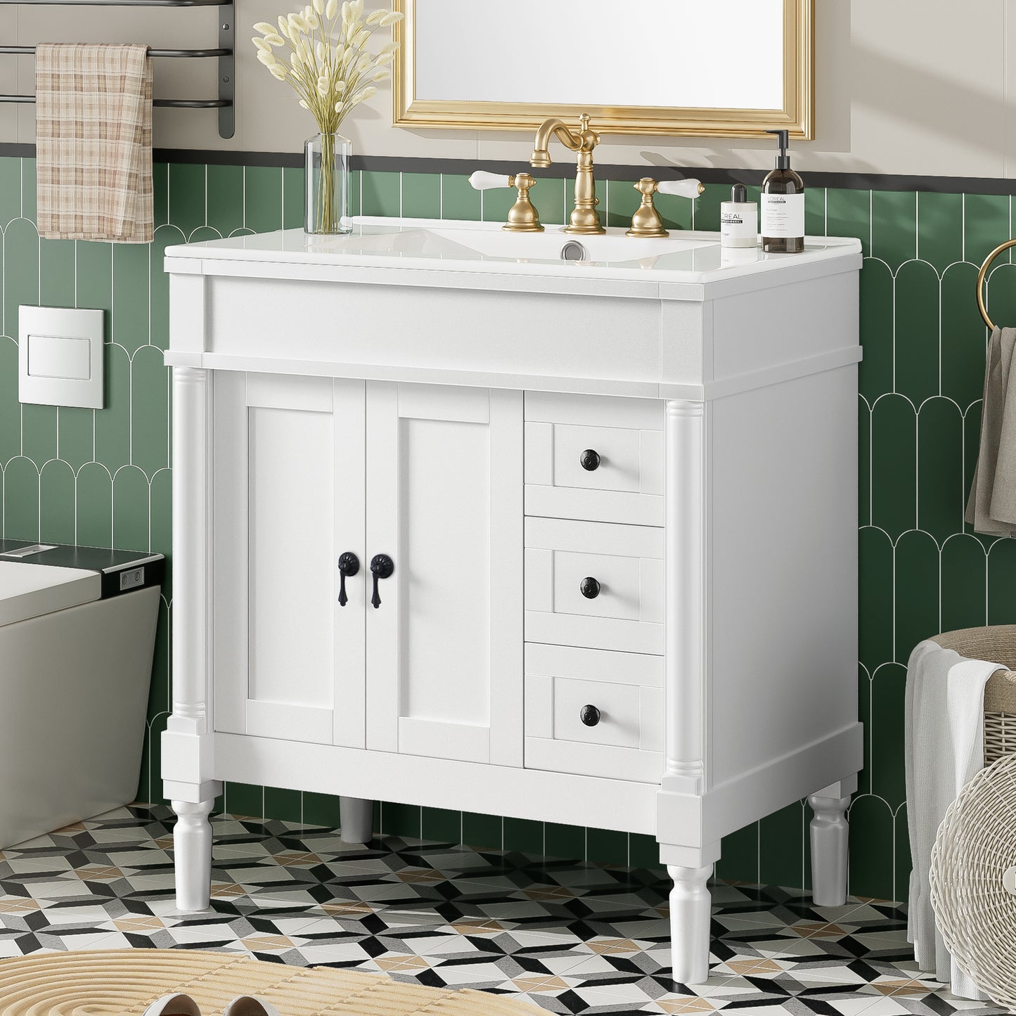 VanityFus White 30-in Bathroom Vanity Single Sink Combo Ceramic Top 2 Soft-Close Doors 3 Drawers Adjustable Shelves