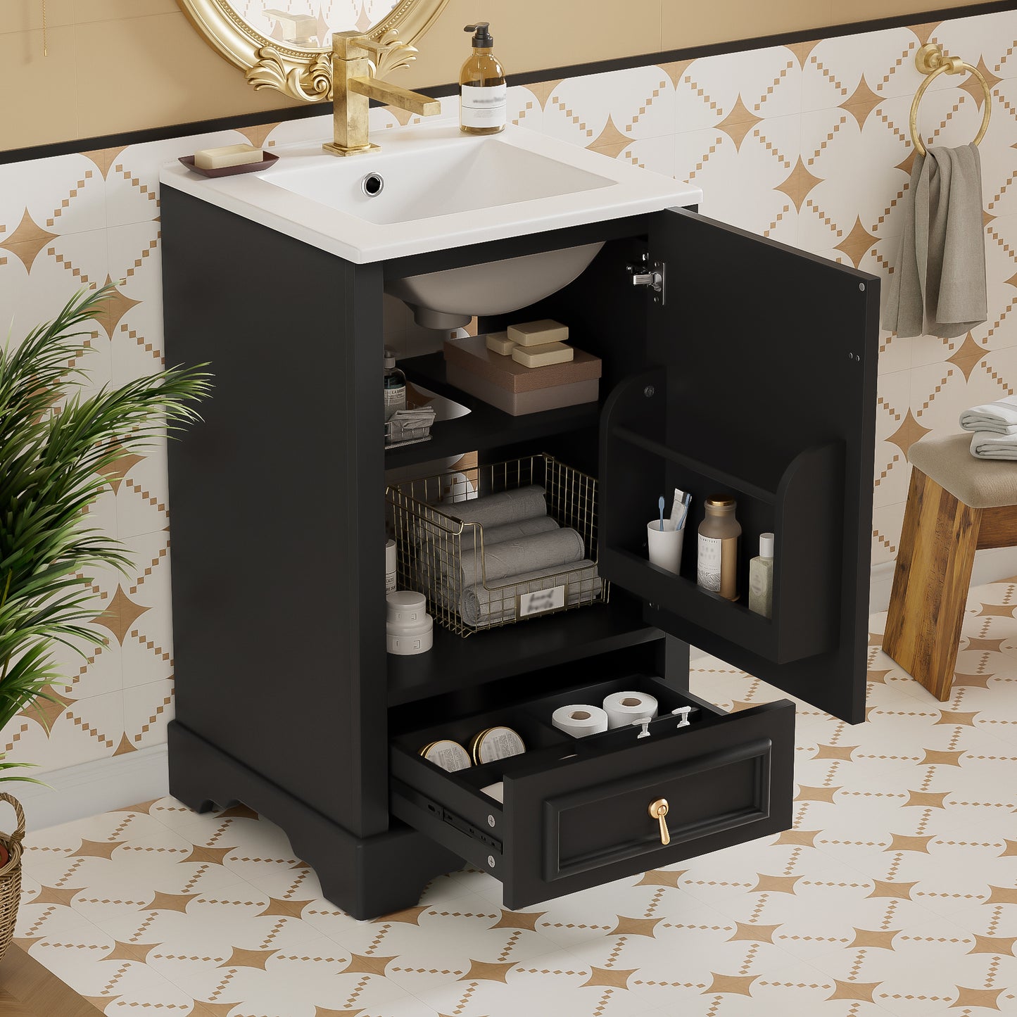 VanityFus Black 20-in Bathroom Vanity Single Sink Combo Ceramic Top 1 Soft-Close Doors 1 Drawer Adjustable shelves