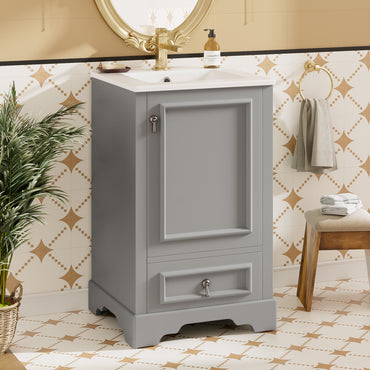 VanityFus Gray 20-in Bathroom Vanity Single Sink Combo Ceramic Top 1 Soft-Close Doors 1 Drawer Adjustable shelves