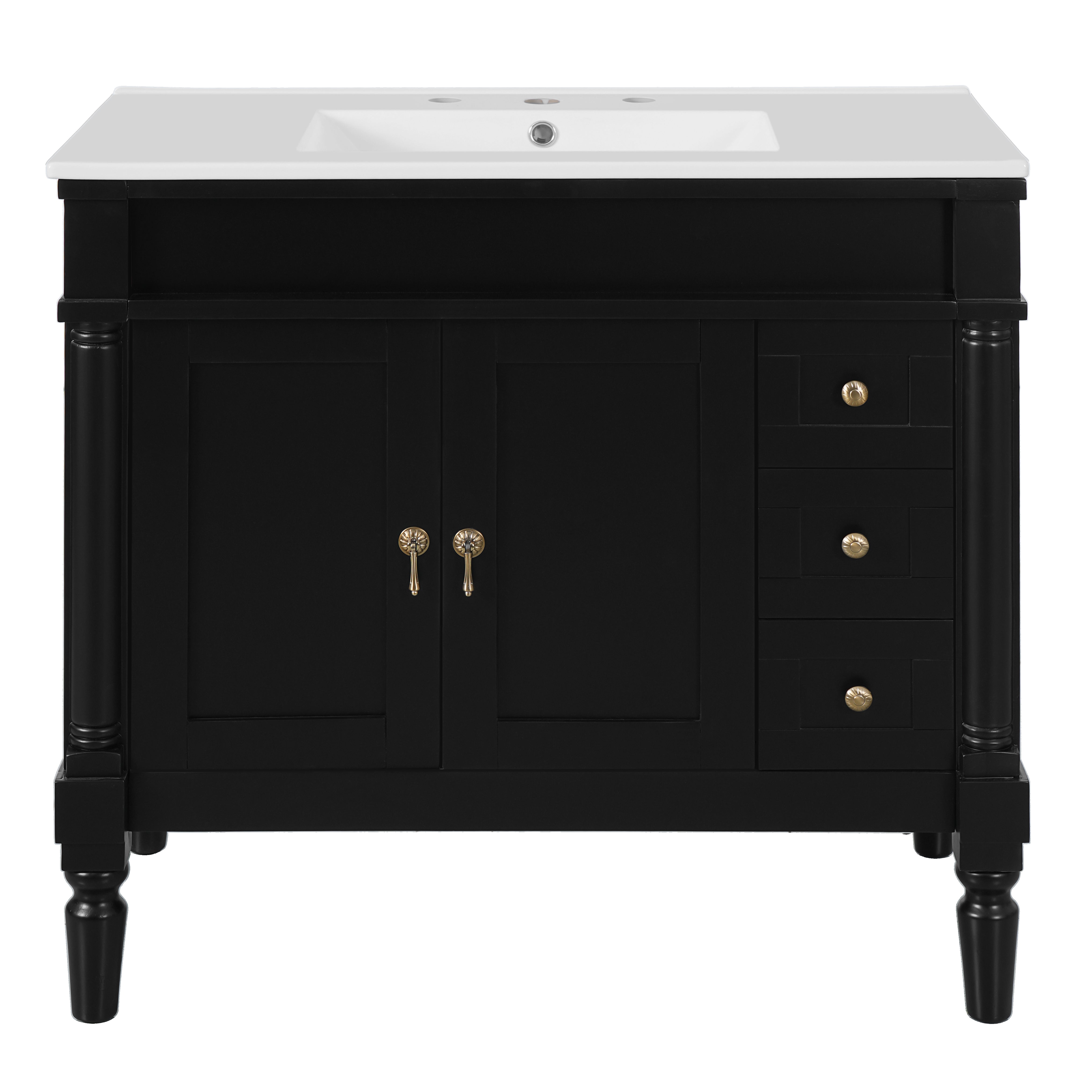 VanityFus Black 36-in Bathroom Vanity Single Sink Combo Ceramic Top 2 Soft-Close Doors 3 Drawers Adjustable Shelves