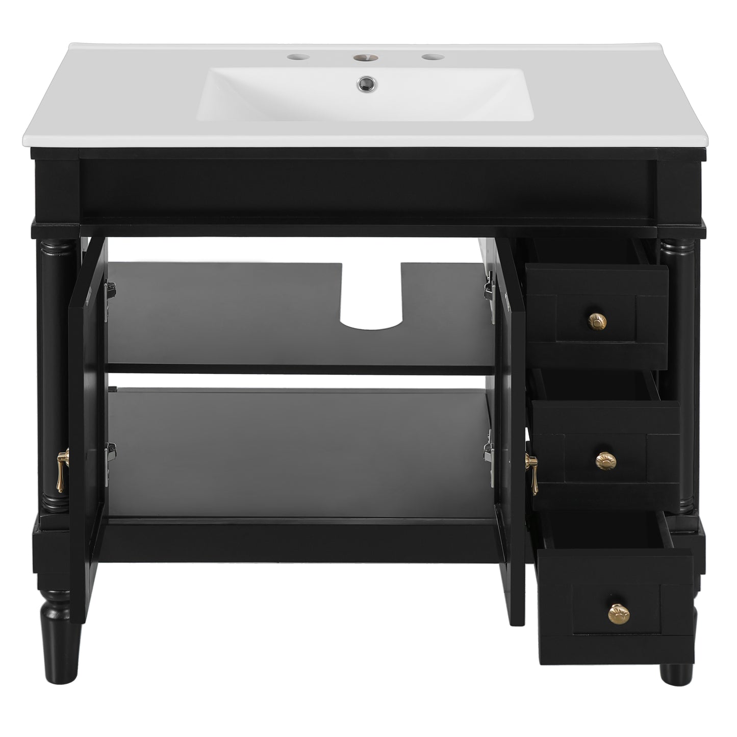 VanityFus Black 36-in Bathroom Vanity Single Sink Combo Ceramic Top 2 Soft-Close Doors 3 Drawers Adjustable Shelves