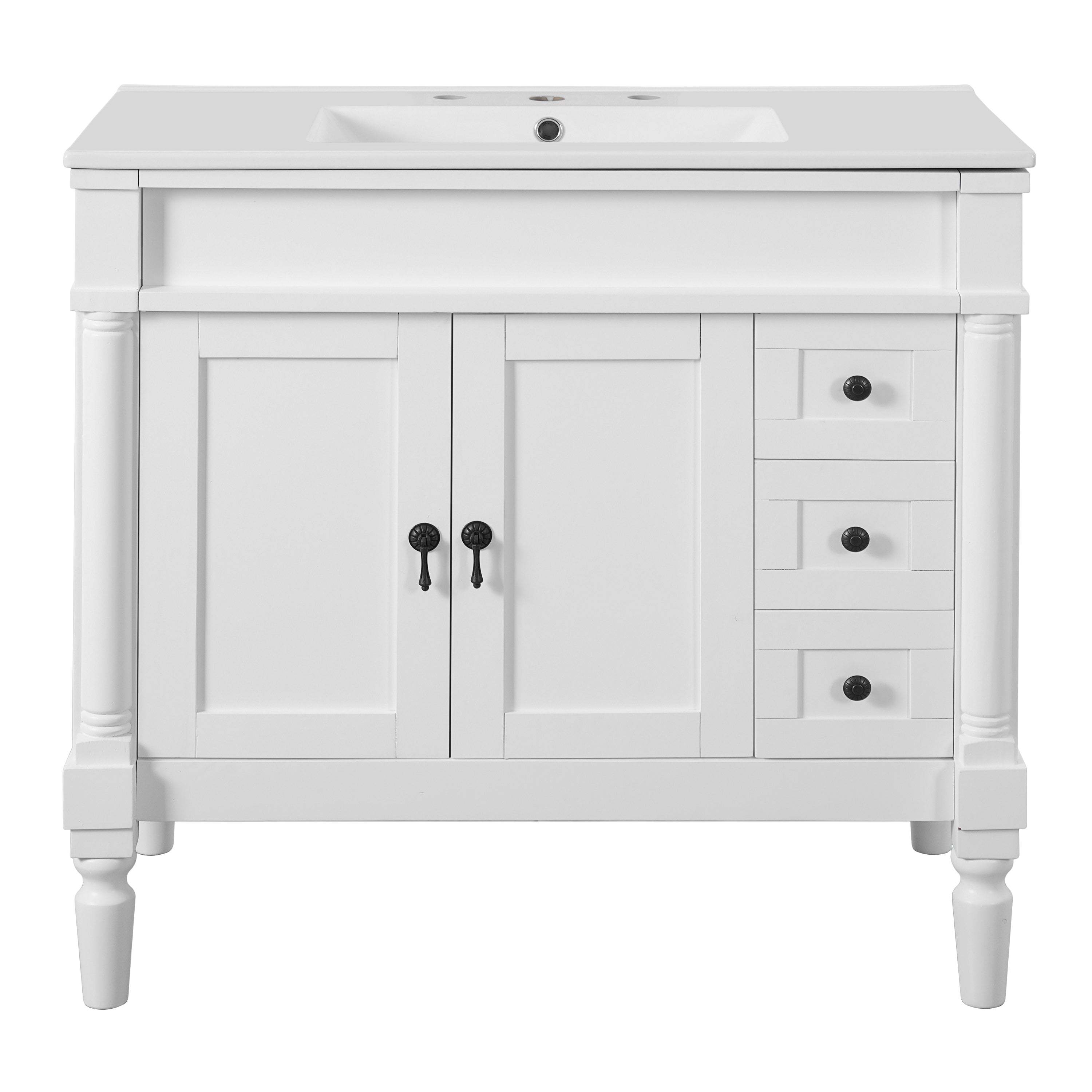 VanityFus White 36-in Bathroom Vanity Single Sink Combo Ceramic Top 2 Soft-Close Doors 3 Drawers Adjustable Shelves