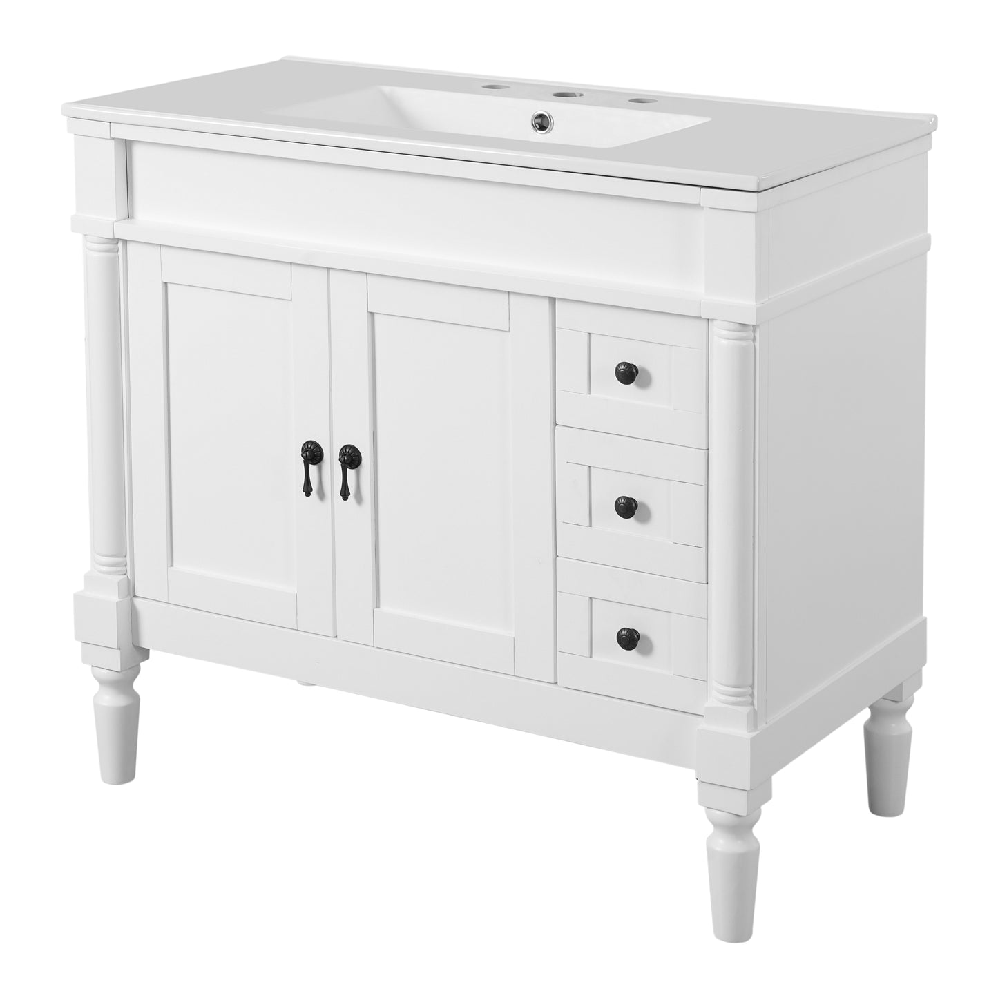 VanityFus White 36-in Bathroom Vanity Single Sink Combo Ceramic Top 2 Soft-Close Doors 3 Drawers Adjustable Shelves