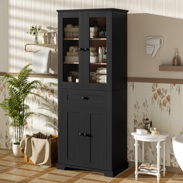 VanityFus Black 15.67-in x 23.96-in x 67.57-in Wood Freestanding Soft Close Linen Cabinet adjustable shelves 4 Soft close doors 1 drawers