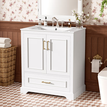 VanityFus 30-in Bathroom Vanity Single White Sink Combo Ceramic Top 2 Soft-Close Doors 1 Drawer