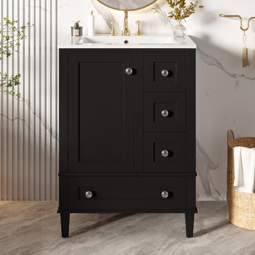 VanityFus Black 24-in Bathroom Vanity Single Sink Combo Ceramic Top 1 Soft-Close Doors 3 Drawers