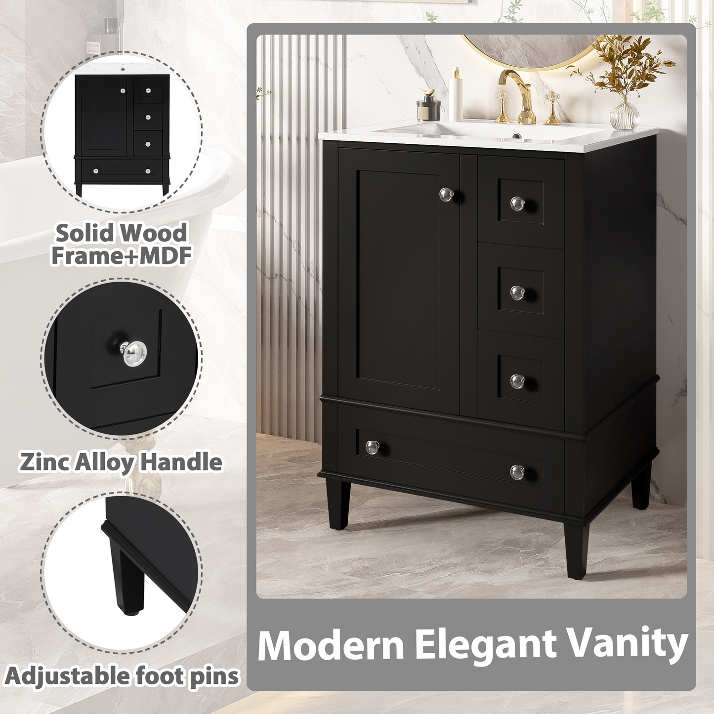 VanityFus Black 24-in Bathroom Vanity Single Sink Combo Ceramic Top 1 Soft-Close Doors 3 Drawers