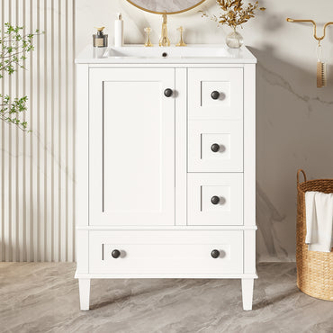 VanityFus White 24-in Bathroom Vanity Single Sink Combo Ceramic Top 1 Soft-Close Doors 3 Drawers