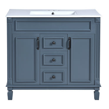 VanityFus 35.1-in Blue Bathroom Vanity Single Sink Medicine Cabinet Combo with Ceramic Top Undermount 3 Soft Close Doors 2 Drawers (Mirror Included) Adjustable Shelves