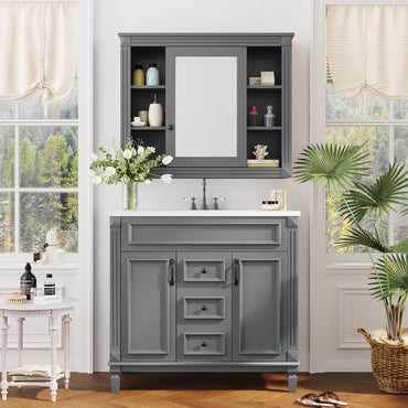 VanityFus 35.1-in Gray Bathroom Vanity Single Sink Combo with Ceramic Top Undermount 3 Soft Close Doors 2 Drawers Adjustable Shelves