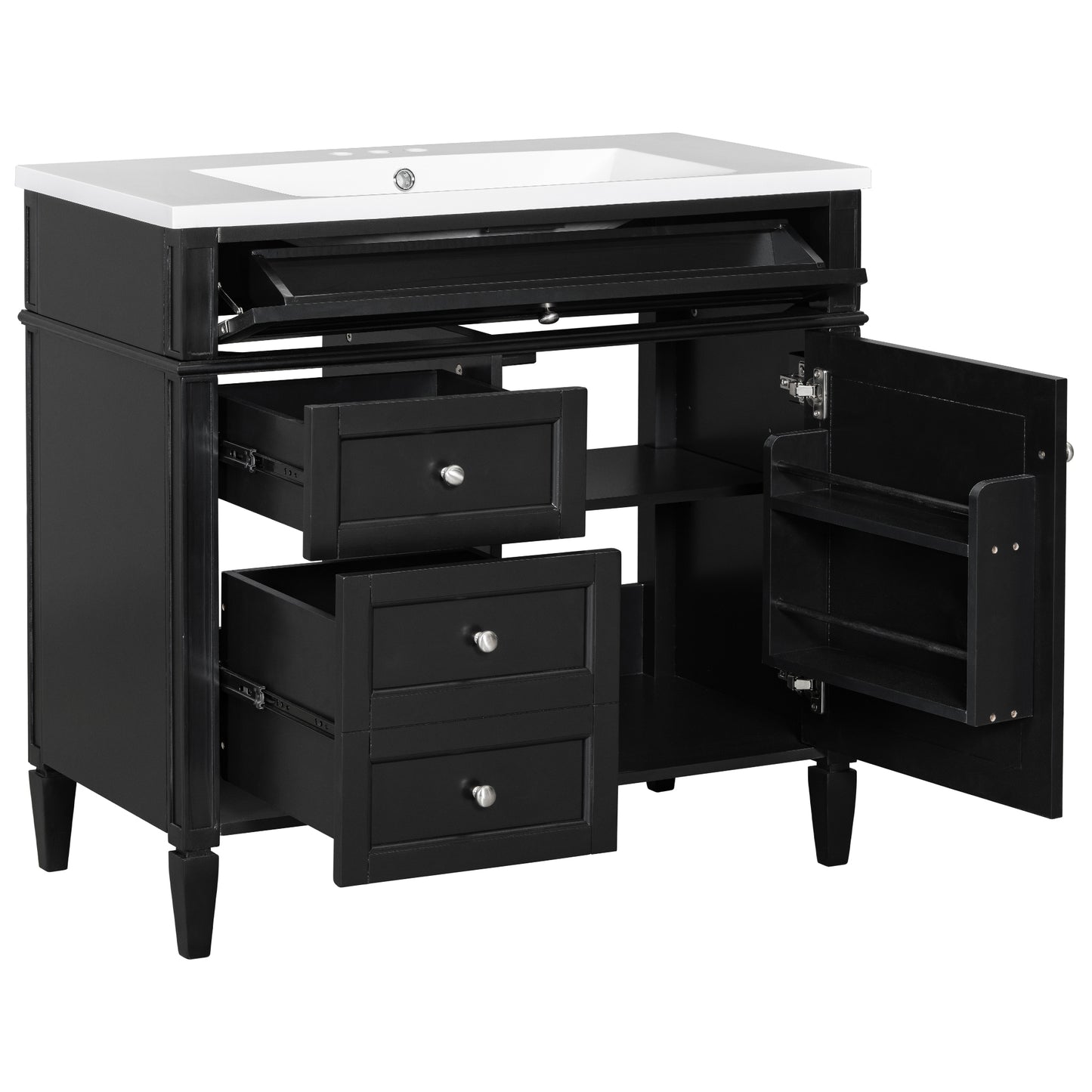 VanityFus 36-in Black Bathroom Vanity Undermount Single Sink Combo Resin Top with 1 Soft Close Door 3 Drawers Adjustable Shelves