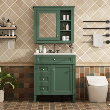 VanityFus Green 30-in Bathroom Vanity Single Sink Medicine Cabinet Combo with Ceramic Top Undermount 2 Soft Close Doors 3 Drawers Undermount Adjustable Shelves (Mirror Included)