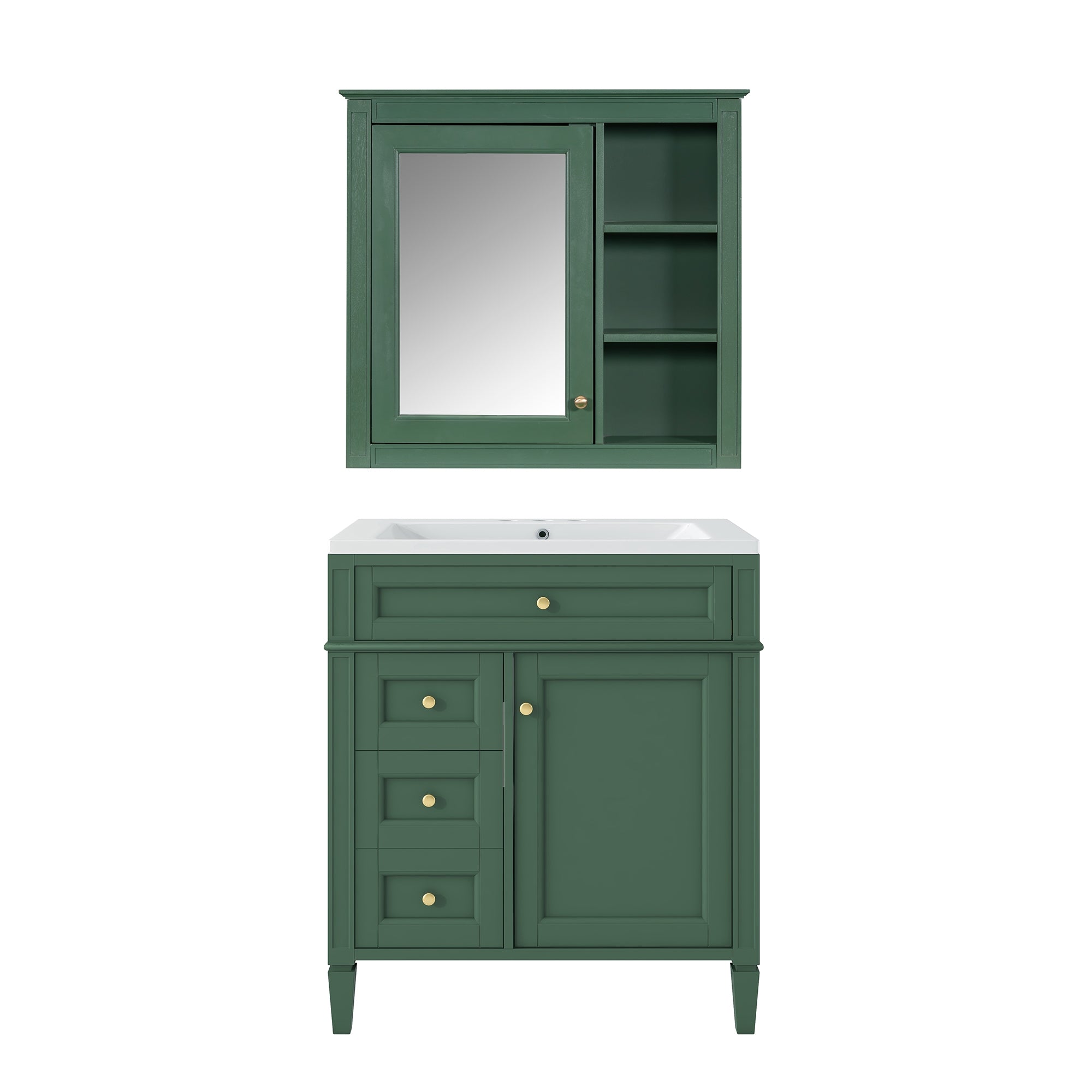 VanityFus Green 30-in Bathroom Vanity Single Sink Medicine Cabinet Combo with Ceramic Top Undermount 2 Soft Close Doors 3 Drawers Undermount Adjustable Shelves (Mirror Included)