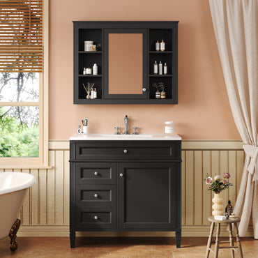 VanityFus 36-in Black Bathroom Vanity Single Sink Combo with Ceramic Top Undermount 2 Soft Close Doors 3 Drawers Adjustable Shelves