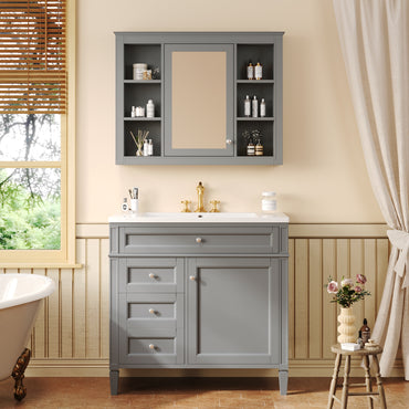 VanityFus 36-in Gray Bathroom Vanity Single Sink Medicine Cabinet Combo with Ceramic Top Undermount 2 Soft Close Doors 3 Drawers Adjustable Shelves (Mirror Included)