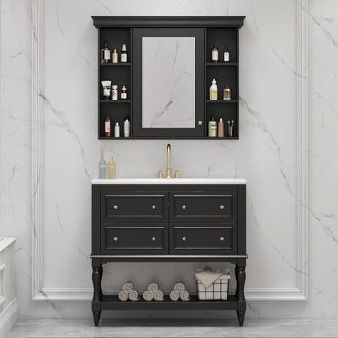 VanityFus 36-in Black Bathroom Vanity Single Sink Medicine Cabinet Combo with Ceramic Top Undermount 1 Door 5 Drawers (Mirror Included)