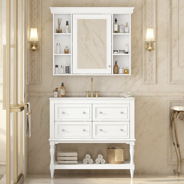 VanityFus 36-in White Bathroom Vanity Single Sink Medicine Cabinet Combo with Ceramic Top Undermount 1 Door 5 Drawers (Mirror Included)