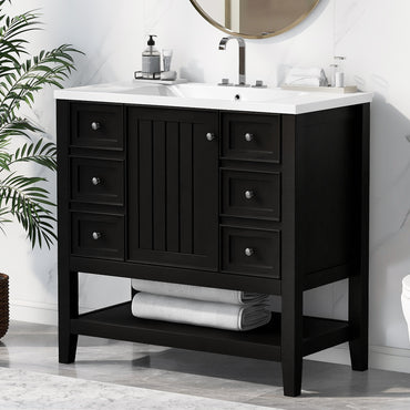 VanityFus 18.6-in Black Bathroom Vanity Single Sink Combo with Ceramic Top Undermount 1 door 3 drawers Adjustable Shelves