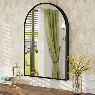 Vanityfus 16-in W 24-in H Arch Matte Black Framed Wall-Mounted Beveled Bathroom Vanity Mirror in silver
