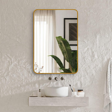 VanityFus 22-in W 30-in H Rectangle Brush Gold Framed Beveled Bathroom Vanity Mirror Wall Mirror