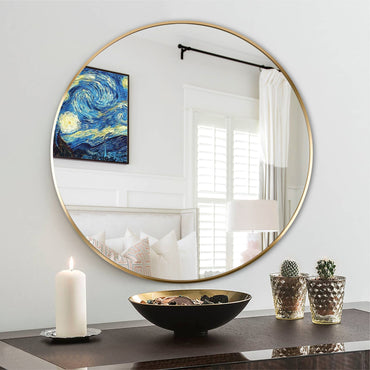 VanityFus 24-in W 24-in H Round Brush Gold Framed Beveled Bathroom Vanity Mirror Wall Mirror
