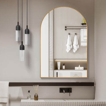 VanityFus 32-in W 24-in H Arch Brush Gold Framed Beveled Bathroom Vanity Mirror Wall Mirror