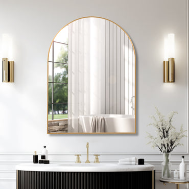 VanityFus 30-in W 40-in H Arch Brush Gold Framed Beveled Bathroom Vanity Mirror Wall Mirror