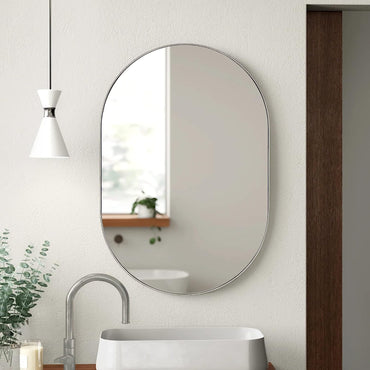 VanityFus 28-in W 20-in H Oval Silver Framed Beveled Bathroom Vanity Mirror Wall Mirror