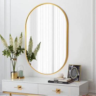 VanityFus 28-in W 20-in H Oval Brush Gold Framed Beveled Bathroom Vanity Mirror Wall Mirror