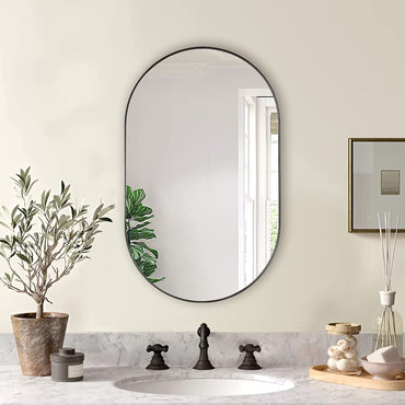 VanityFus 33-in W 20-in H Oval Framed Beveled Bathroom Vanity Mirror Wall Mirror (Matte Black)