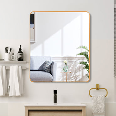 VanityFus 36-in W 36-in H Rectangle Brush Gold Framed Beveled Bathroom Vanity Mirror Wall Mirror