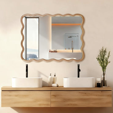 VanityFus 40-in W 30-in H Wavy Rectangle Natural Wood Framed Beveled Bathroom Vanity Mirror Wall Mirror