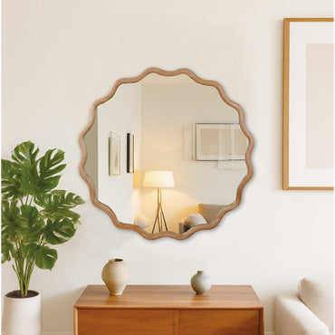 VanityFus 36-in W 36-in H Wavy Round Natural Wood Framed Beveled Bathroom Vanity Mirror Wall Mirror