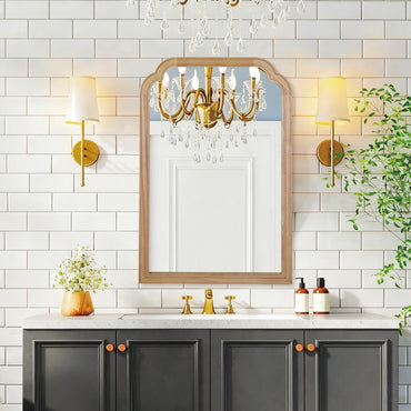 VanityFus 30-in W 20-in H Arch Natural Wood Framed Beveled Bathroom Vanity Mirror Wall Mirror