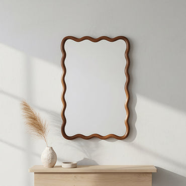 VanityFus 30-in W 20-in H Wavy Rectangle Dark Walnut Framed Beveled Bathroom Vanity Mirror Wall Mirror