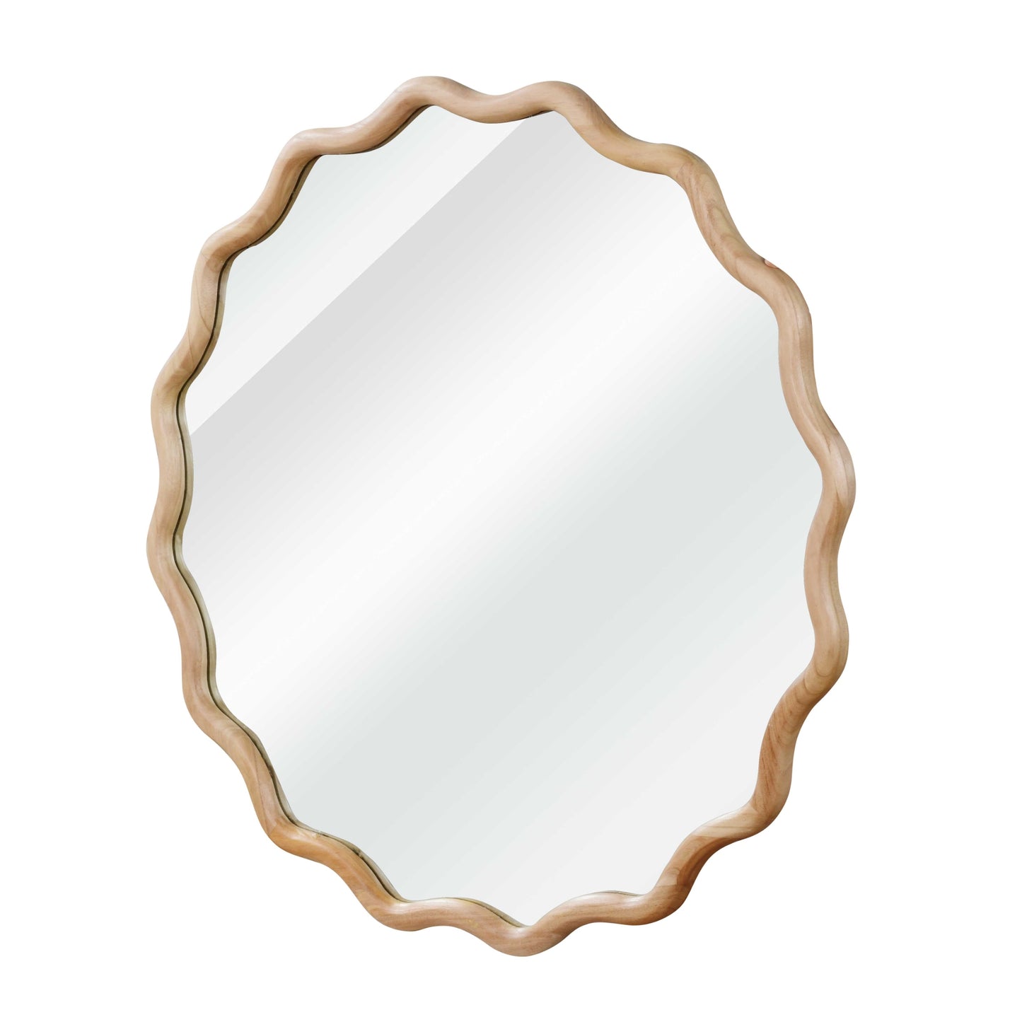 VanityFus 24-in W 24-in H Wavy Round Natural Wood Framed Beveled Bathroom Vanity Mirror Wall Mirror