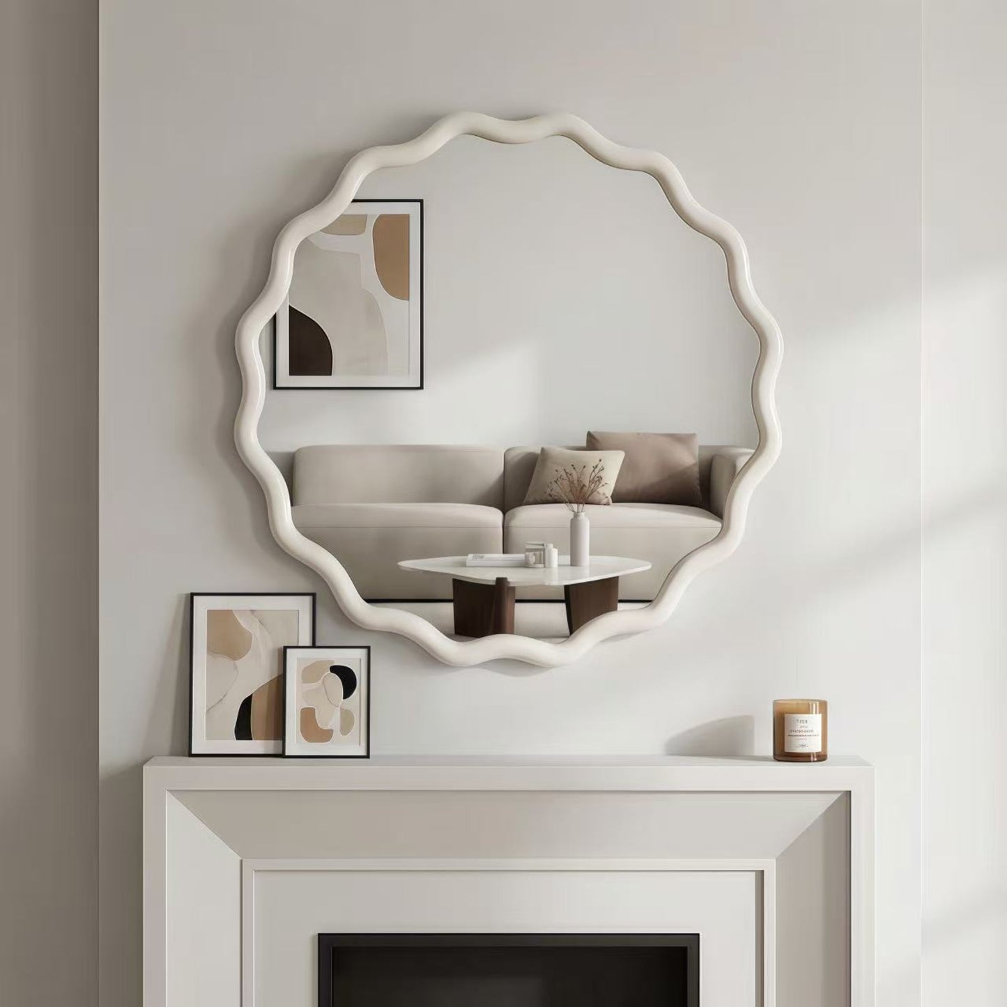 VanityFus 24-in W 24-in H Wavy Round White Framed Beveled Bathroom Vanity Mirror Wall Mirror