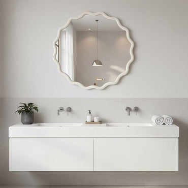 VanityFus 24-in W 24-in H Wavy Round White Framed Beveled Bathroom Vanity Mirror Wall Mirror