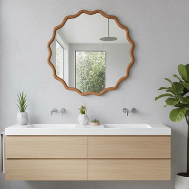 VanityFus 24-in W 24-in H Wavy Round Yellowish-Brown Framed Beveled Bathroom Vanity Mirror Wall Mirror