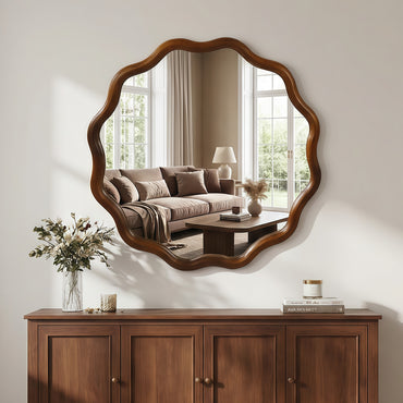 VanityFus 24-in W 24-in H Wavy Round Dark Walnut Framed Beveled Bathroom Vanity Mirror Wall Mirror