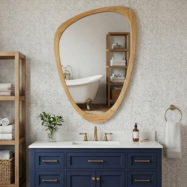 VanityFus 36-in W 24-in H Irregular Oak Framed Beveled Bathroom Vanity Mirror Wall Mirror
