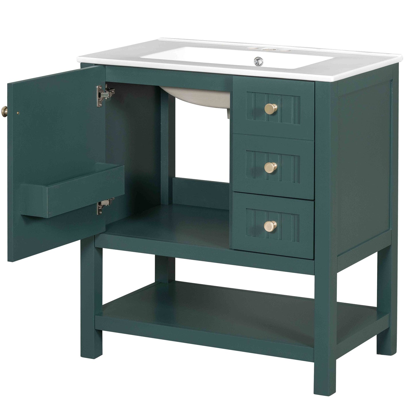 VanityFus 30-in Bathroom Green Vanity Single Sink Combo with Ceramic White Top 1 Soft-Close Doors 3 drawer