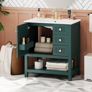 VanityFus 30-in Bathroom Green Vanity Single Sink Combo with Ceramic White Top 1 Soft-Close Doors 3 drawer