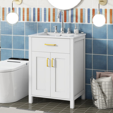 VanityFus 24.2-in Bathroom Vanity White Single Sink Combo with Ceramic Top 2 Soft-Close Doors 1 drawer
