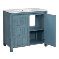 36 " Bathroom Vanity Organizer with Ceramic Sink, Set Bathroom Storage Cabinet,Antique White/Blue